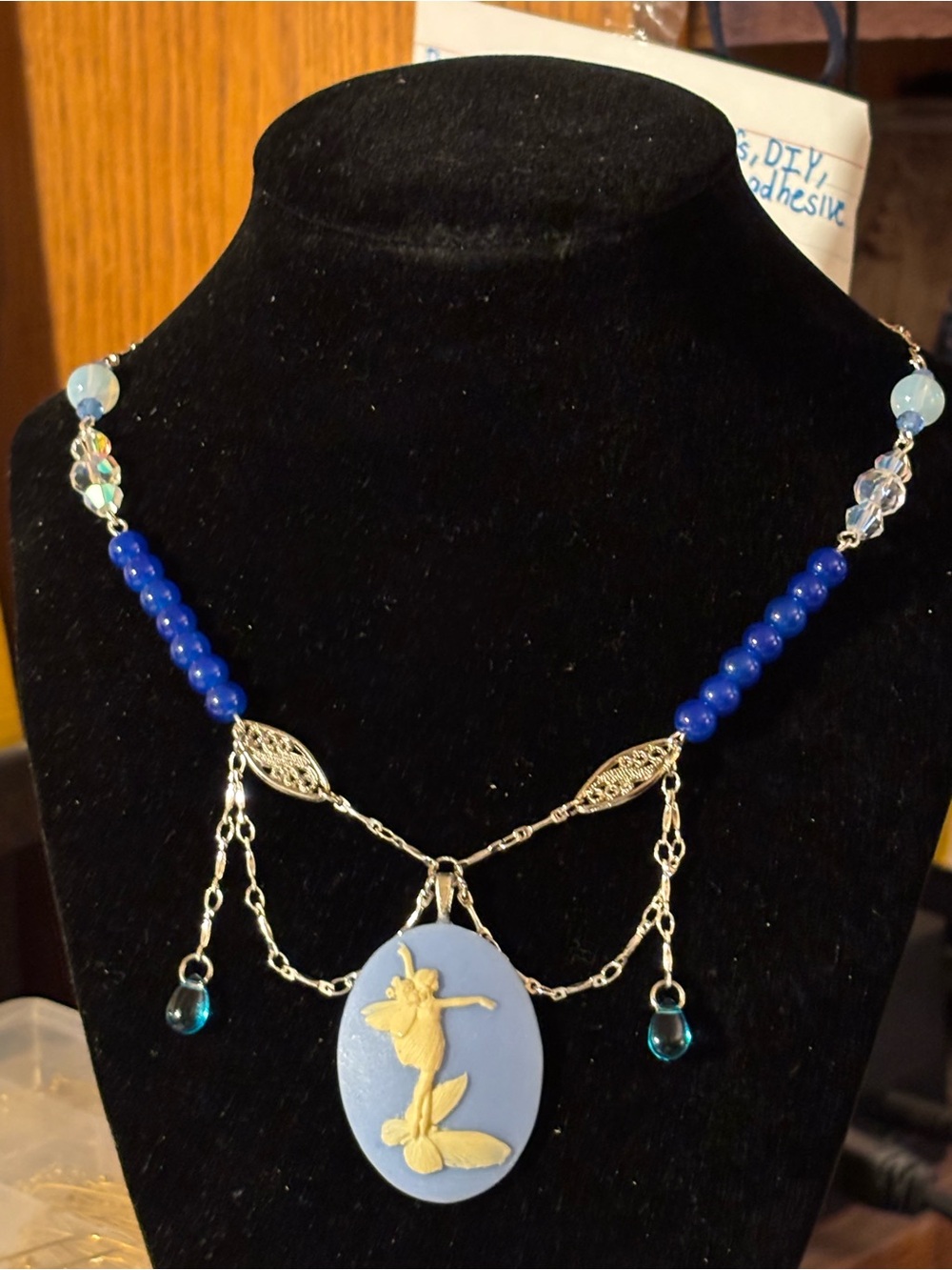 Blue Cameo Pendant Necklace with Silver Filigree and Beaded Accents
